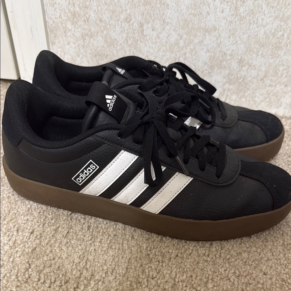 Adidas Men's Black and White Sneakers with Brown Sole